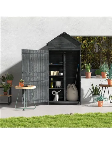 Outsunny Garden Shed 4-Tier Wooden Garden Outdoor Shed 3 Shelves Utility Gardener Cabinet Lockable 2 Doors - Grey