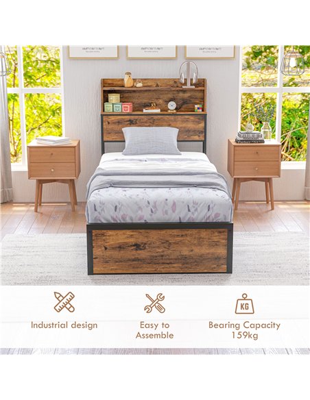HOMCOM Industrial Single Bed Frame, 3.1FT Steel Bed Base with Storage Headboard, Footboard, Slatted Support and Under Bed Storag