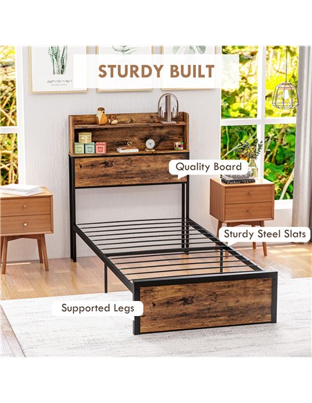 HOMCOM Industrial Single Bed Frame, 3.1FT Steel Bed Base with Storage Headboard, Footboard, Slatted Support and Under Bed Storag