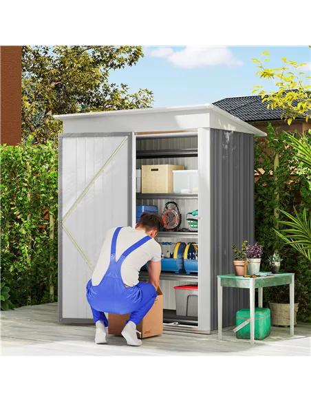 Outsunny Metal Garden Shed, Outdoor Lean-to Shed for Tool Motor Bike, with Adjustable Shelf, Lock, Gloves, 5'x3'x6', Grey