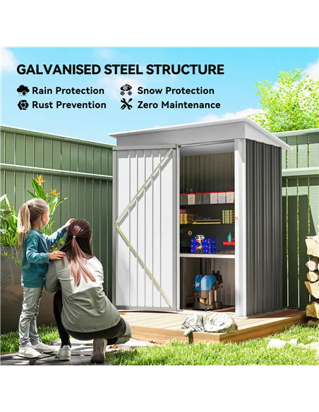 Outsunny Metal Garden Shed, Outdoor Lean-to Shed for Tool Motor Bike, with Adjustable Shelf, Lock, Gloves, 5'x3'x6', Grey