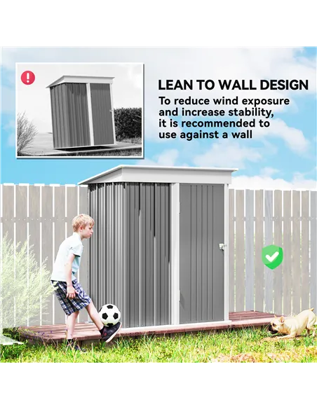 Outsunny Metal Garden Shed, Outdoor Lean-to Shed for Tool Motor Bike, with Adjustable Shelf, Lock, Gloves, 5'x3'x6', Grey