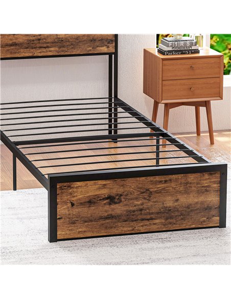 HOMCOM Industrial Single Bed Frame, 3.1FT Steel Bed Base with Storage Headboard, Footboard, Slatted Support and Under Bed Storag