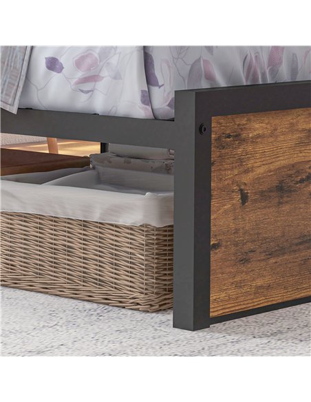 HOMCOM Industrial Single Bed Frame, 3.1FT Steel Bed Base with Storage Headboard, Footboard, Slatted Support and Under Bed Storag