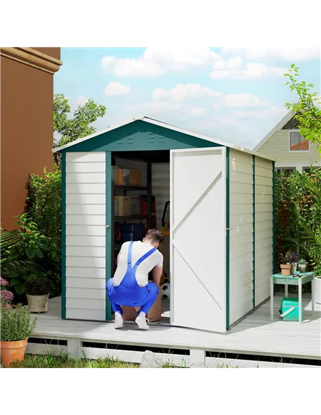 Outsunny 9x 6FT Metal Outdoor Garden Shed, Galvanised Tool Storage Shed w/ Sloped Roof, Lockable Door for Patio Lawn, Green