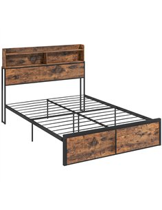 HOMCOM Industrial Double Bed Frame, 4.6FT Steel Bed Base with Storage Headboard, Footboard, Slatted Support and Under Bed Storag