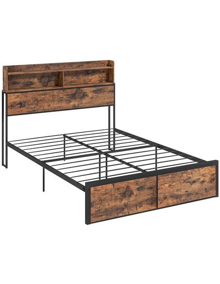 HOMCOM Industrial Double Bed Frame, 4.6FT Steel Bed Base with Storage Headboard, Footboard, Slatted Support and Under Bed Storag