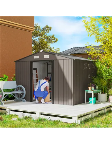 Outsunny 9 x 6ft Metal Garden Shed, Outdoor Storage Tool House with Ventilation Slots, Foundation Kit and Lockable Double Doors,