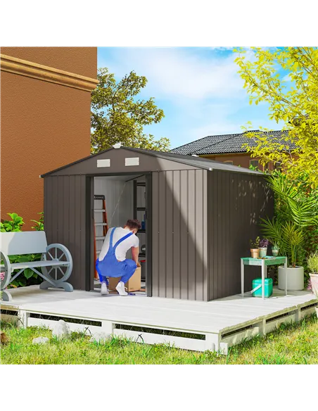 Outsunny 9 x 6ft Metal Garden Shed, Outdoor Storage Tool House with Ventilation Slots, Foundation Kit and Lockable Double Doors,
