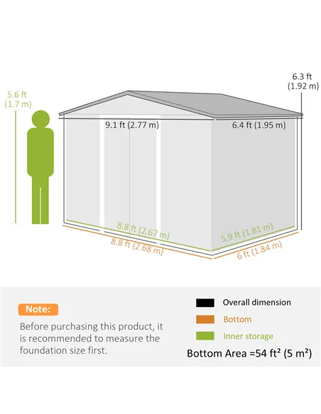 Outsunny 9 x 6ft Metal Garden Shed, Outdoor Storage Tool House with Ventilation Slots, Foundation Kit and Lockable Double Doors,