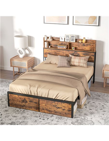 HOMCOM Industrial Double Bed Frame, 4.6FT Steel Bed Base with Storage Headboard, Footboard, Slatted Support and Under Bed Storag
