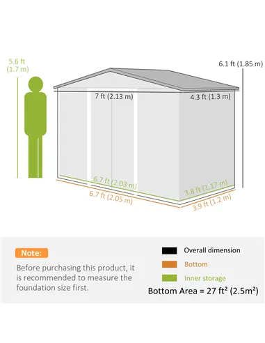 Outsunny 7 x 4ft Metal Garden Shed, Outdoor Storage Tool House with Ventilation Slots, Foundation Kit and Lockable Double Doors,
