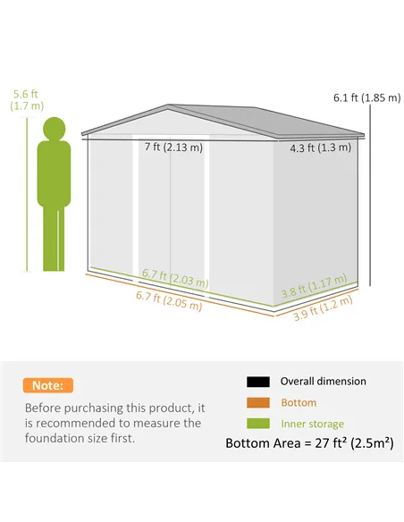 Outsunny 7 x 4ft Metal Garden Shed, Outdoor Storage Tool House with Ventilation Slots, Foundation Kit and Lockable Double Doors,