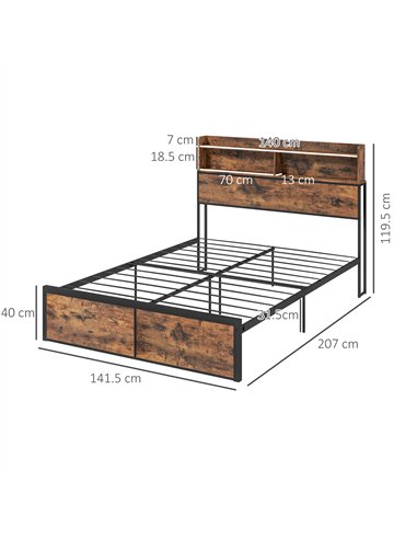 HOMCOM Industrial Double Bed Frame, 4.6FT Steel Bed Base with Storage Headboard, Footboard, Slatted Support and Under Bed Storag