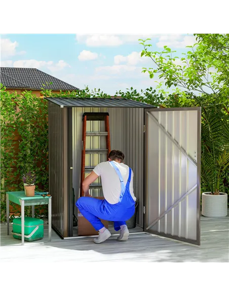 Outsunny 3.3 x 3.4ft Lean To Steel Garden Shed, with Locking Door - Brown/Grey