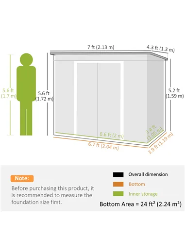 Outsunny 7 x 4ft Galvanised Steel Garden Shed, with Foundation Kit - Grey
