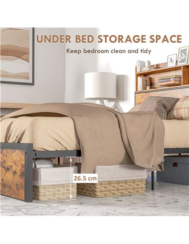 HOMCOM Industrial Double Bed Frame, 4.6FT Steel Bed Base with Storage Headboard, Footboard, Slatted Support and Under Bed Storag