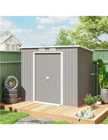 Outsunny 7 x 4ft Galvanised Steel Garden Shed, with Foundation Kit - Grey