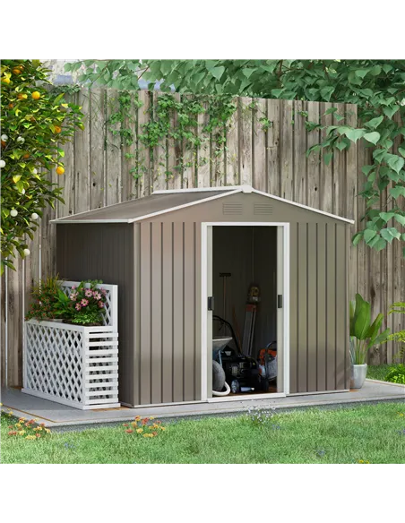 Outsunny 7.7 x 5.7ft Outdoor Garden Storage Shed, Metal Tool House with Ventilation and Sliding Doors, Light Grey
