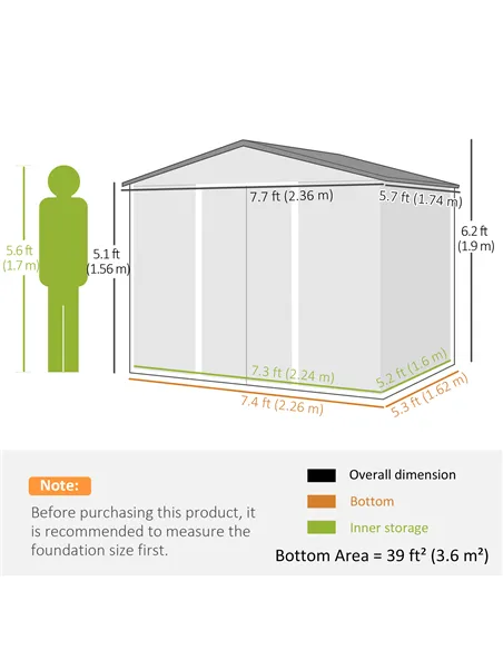 Outsunny 7.7 x 5.7ft Outdoor Garden Storage Shed, Metal Tool House with Ventilation and Sliding Doors, Light Grey