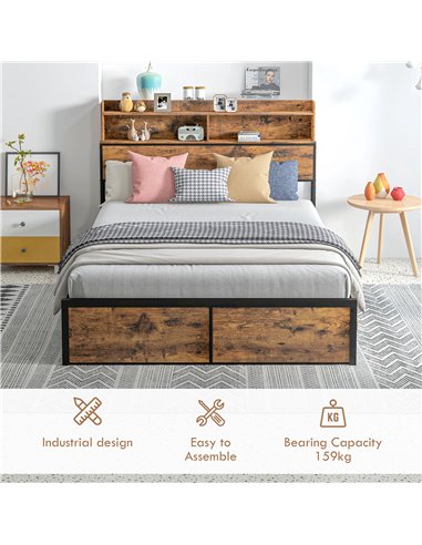 HOMCOM Industrial Double Bed Frame, 4.6FT Steel Bed Base with Storage Headboard, Footboard, Slatted Support and Under Bed Storag