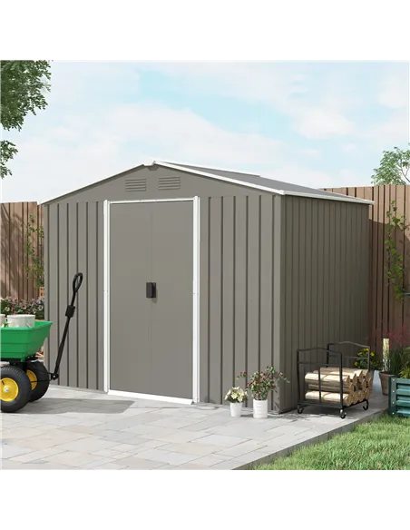 Outsunny 7.7 x 5.7ft Outdoor Garden Storage Shed, Metal Tool House with Ventilation and Sliding Doors, Light Grey