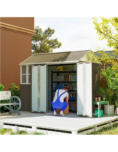 Outsunny 8 x 6 ft Galvanised Garden Shed, Outsoor Metal Storage Shed with Double Doors Window Air Vents for Patio, Lawn, Grey