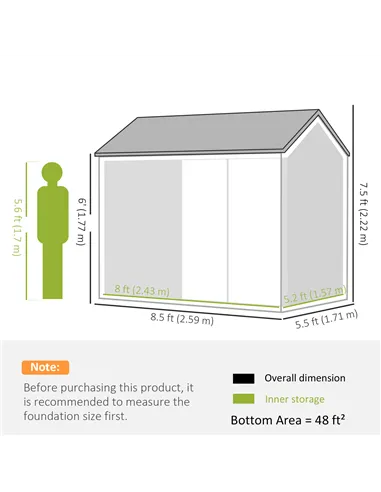 Outsunny 8 x 6 ft Galvanised Garden Shed, Outsoor Metal Storage Shed with Double Doors Window Air Vents for Patio, Lawn, Grey