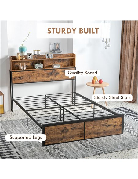 HOMCOM Industrial Double Bed Frame, 4.6FT Steel Bed Base with Storage Headboard, Footboard, Slatted Support and Under Bed Storag