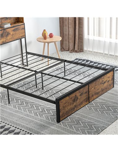 HOMCOM Industrial Double Bed Frame, 4.6FT Steel Bed Base with Storage Headboard, Footboard, Slatted Support and Under Bed Storag