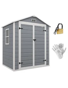 Outsunny 6'x4.5' Garden Storage Shed, Lockable Garden Shed with Double Doors, Window, Vent and Plastic Roof, Grey
