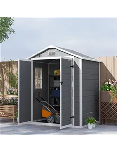 Outsunny 6'x4.5' Garden Storage Shed, Lockable Garden Shed with Double Doors, Window, Vent and Plastic Roof, Grey 2