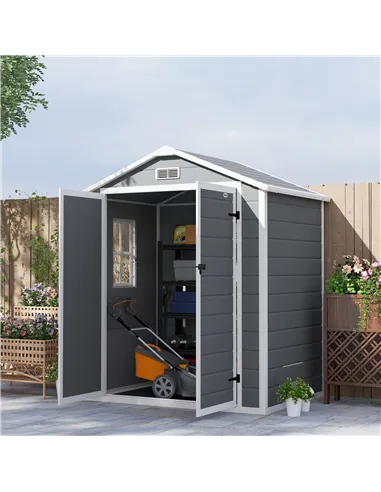 Outsunny 6'x4.5' Garden Storage Shed, Lockable Garden Shed with Double Doors, Window, Vent and Plastic Roof, Grey