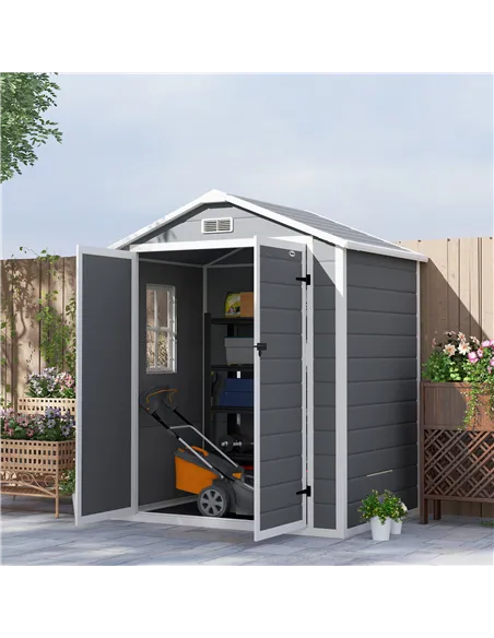 Outsunny 6'x4.5' Garden Storage Shed, Lockable Garden Shed with Double Doors, Window, Vent and Plastic Roof, Grey