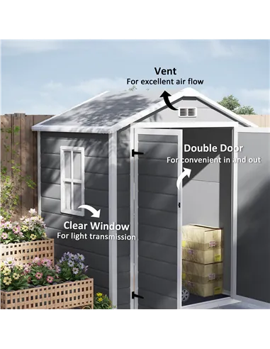 Outsunny 6'x4.5' Garden Storage Shed, Lockable Garden Shed with Double Doors, Window, Vent and Plastic Roof, Grey