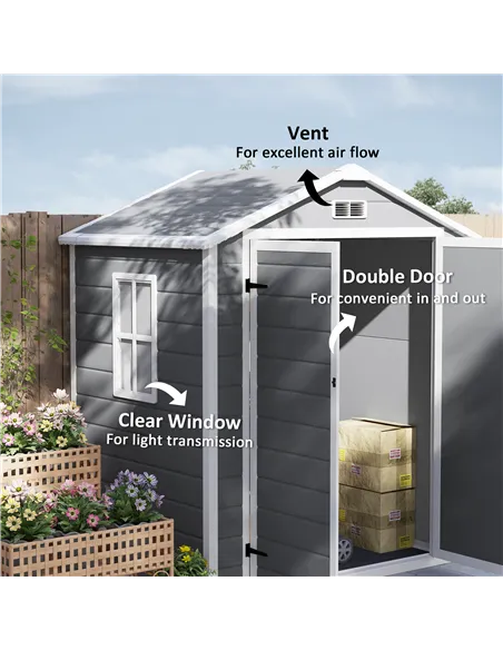 Outsunny 6'x4.5' Garden Storage Shed, Lockable Garden Shed with Double Doors, Window, Vent and Plastic Roof, Grey