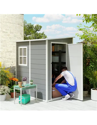 Outsunny 4'x5' Garden Storage Shed, Lean to Shed, Lockable Garden Shed with Window, Vent and Plastic Roof, Grey