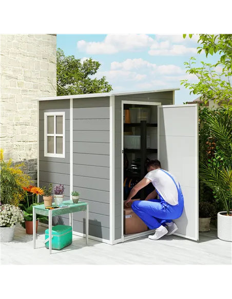 Outsunny 4'x5' Garden Storage Shed, Lean to Shed, Lockable Garden Shed with Window, Vent and Plastic Roof, Grey