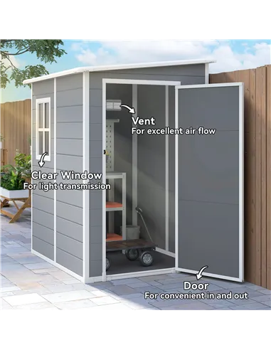 Outsunny 4'x5' Garden Storage Shed, Lean to Shed, Lockable Garden Shed with Window, Vent and Plastic Roof, Grey