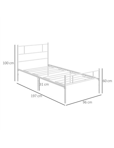 HOMCOM Single Bed Frame, Metal Bed Base with Headboard and Footboard, Metal Slat Support and 31cm Underbed Storage Space
