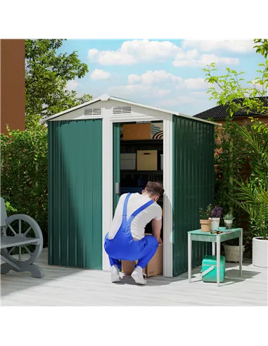 Outsunny Garden Metal Tool Storage Shed with Sliding Door, Sloped Roof and Floor Foundation, 152 x 132 x 188cm, Green