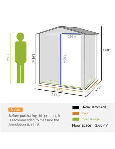 Outsunny Garden Metal Tool Storage Shed with Sliding Door, Sloped Roof and Floor Foundation, 152 x 132 x 188cm, Green