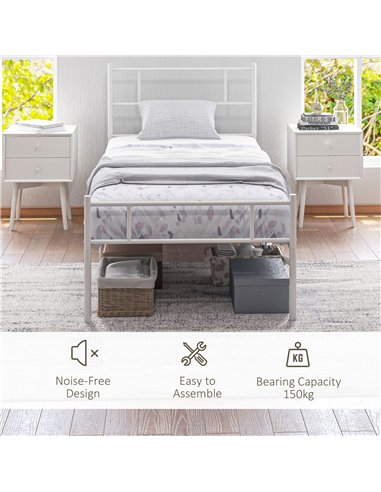 HOMCOM Single Bed Frame, Metal Bed Base with Headboard and Footboard, Metal Slat Support and 31cm Underbed Storage Space