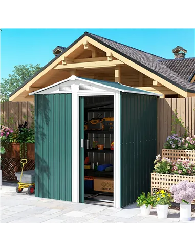 Outsunny Garden Metal Tool Storage Shed with Sliding Door, Sloped Roof and Floor Foundation, 152 x 132 x 188cm, Green