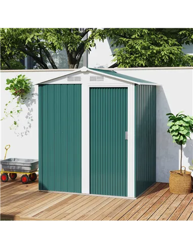 Outsunny Garden Metal Tool Storage Shed with Sliding Door, Sloped Roof and Floor Foundation, 152 x 132 x 188cm, Green