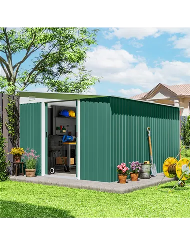 Outsunny Garden Metal Storage Shed Outdoor Metal Tool House with Double Sliding Doors and 2 Air Vents, 11.3x9.2ft, Green