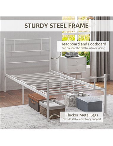 HOMCOM Single Bed Frame, Metal Bed Base with Headboard and Footboard, Metal Slat Support and 31cm Underbed Storage Space