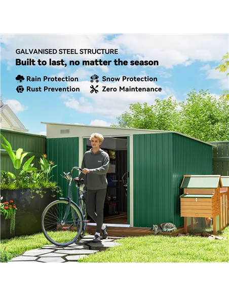 Outsunny Garden Metal Storage Shed Outdoor Metal Tool House with Double Sliding Doors and 2 Air Vents, 11.3x9.2ft, Green