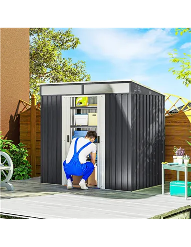 Outsunny 6.5 x 4FT Galvanised Metal Shed with Foundation Kit, Lockable Tool Garden Shed with Double Sliding Doors, Vents, Grey
