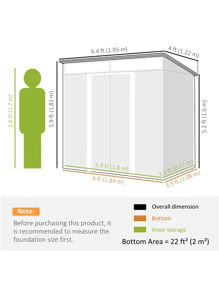 Outsunny 6.5 x 4FT Galvanised Metal Shed with Foundation Kit, Lockable Tool Garden Shed with Double Sliding Doors, Vents, Grey